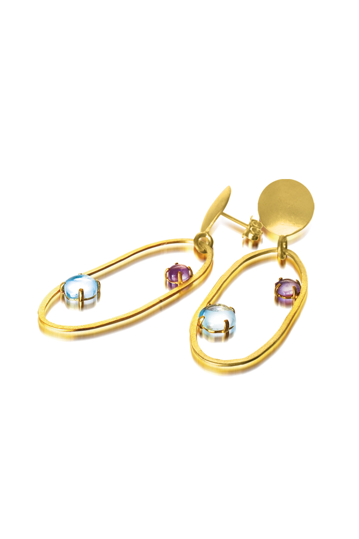 Cubic Zirconia (.925) Sterling Silver Gold Plated Ameythyst And Blue Topaz Oval Shape Drop Earrings