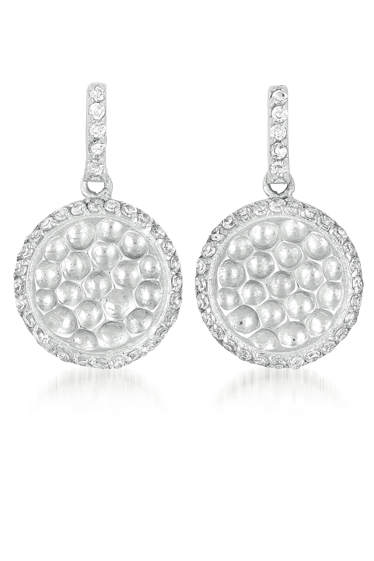 Cubic Zirconia (.925) Sterling Silver Rhodium Plated Hammered Round Drop Earrings