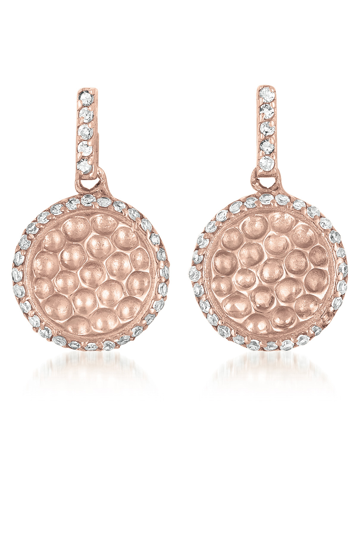 Cubic Zirconia (.925) Sterling Silver Rose Plated Hammered Round Drop Earrings