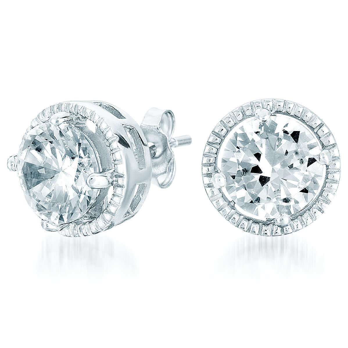 Cubic Zirconia (.925) Sterling Silver Sterling Silver Rhodium Plated Round Button Earrings