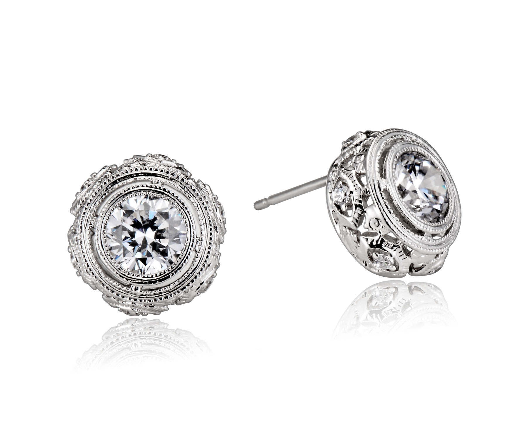 Cubic Zirconia (.925) Sterling Silver Round Classic Art Deco Stud Style Earrings