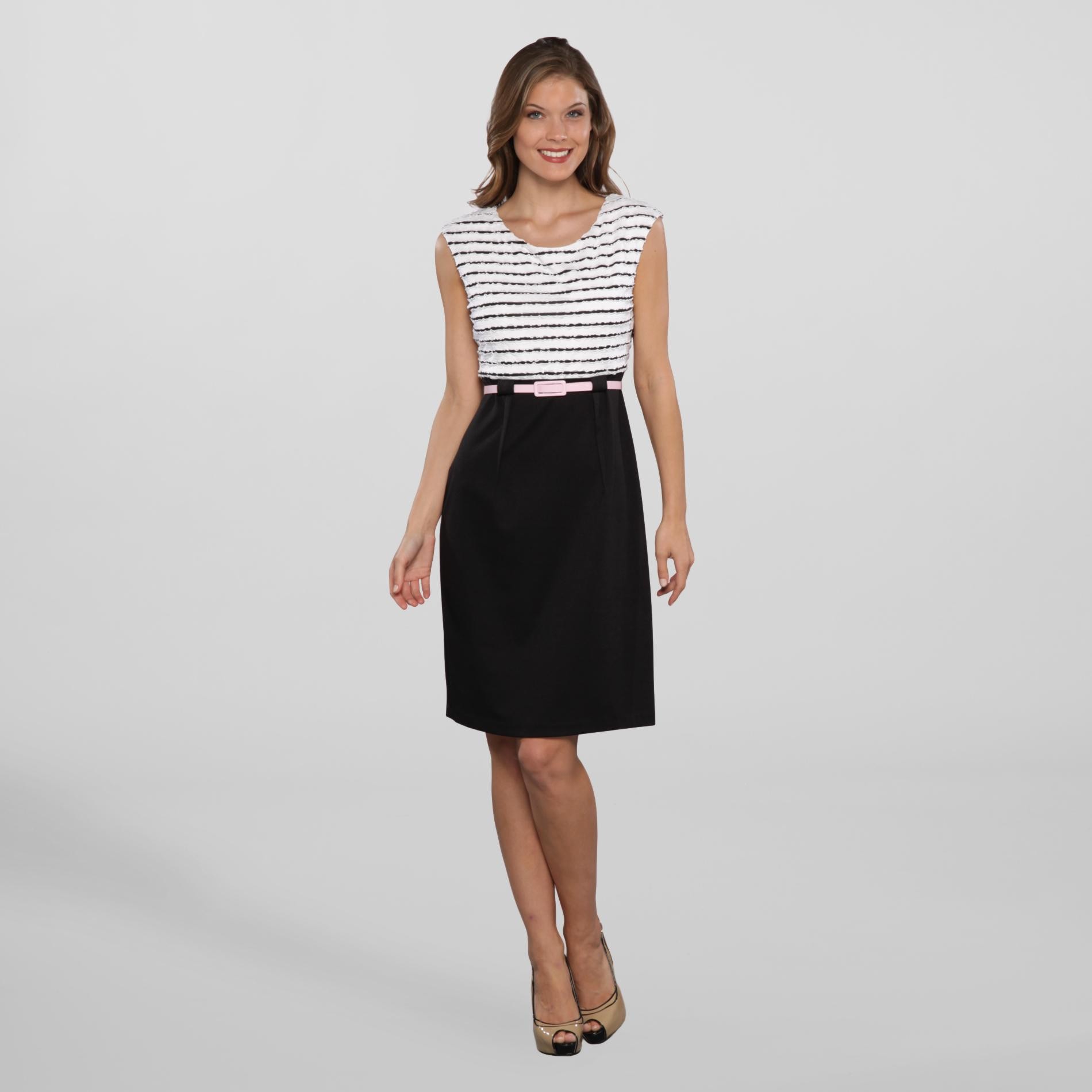 Connected Apparel Women's Party Dress & Belt White/Black/Pink 14