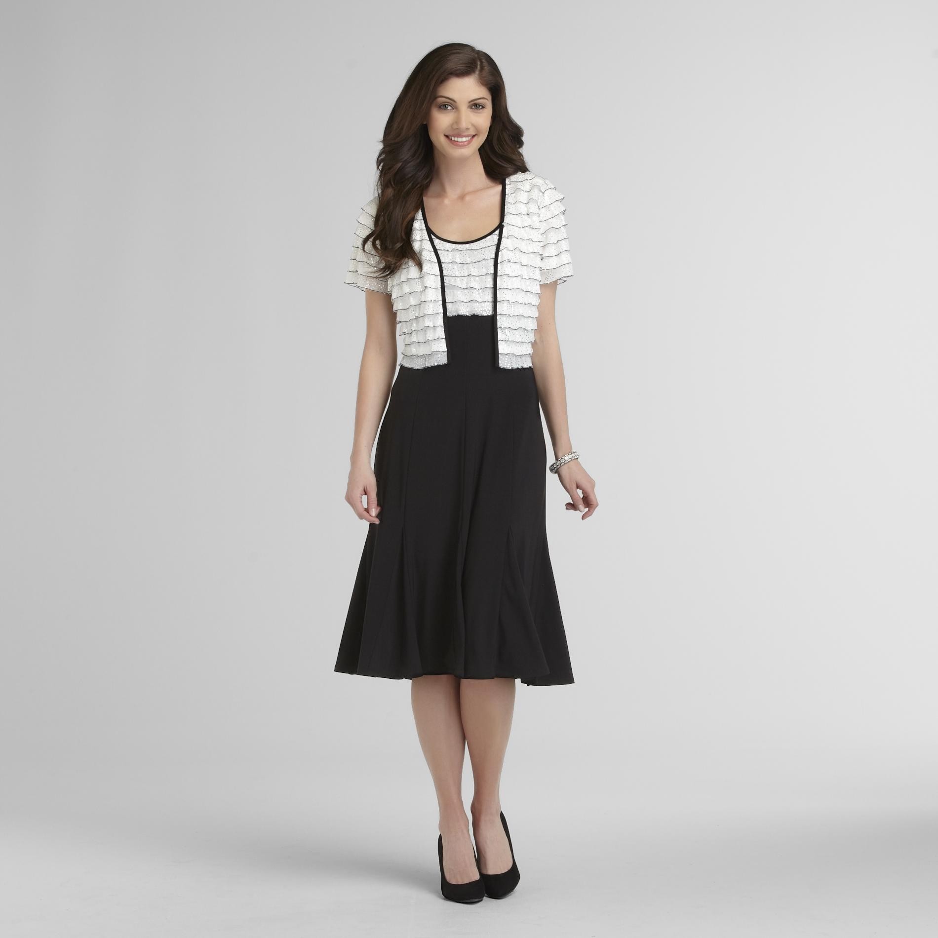 Perception Women's Chiffon Ruffle Dress & Shrug Black/White 8