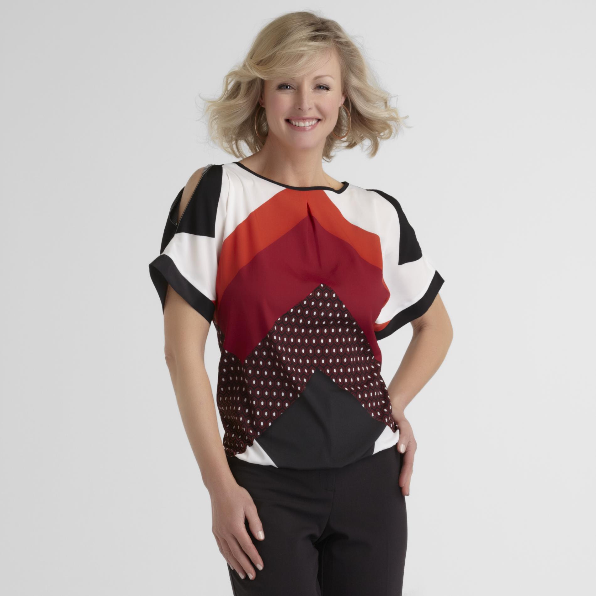 Jaclyn Smith Women's Open Shoulder Crepon Blouse - Geometric at mygofer.com