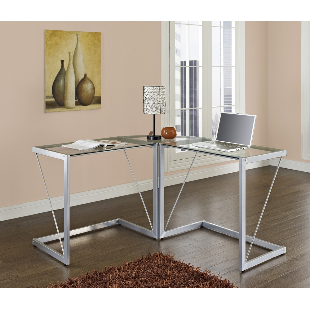 Glass and Metal Cable Frame Corner Computer Desk