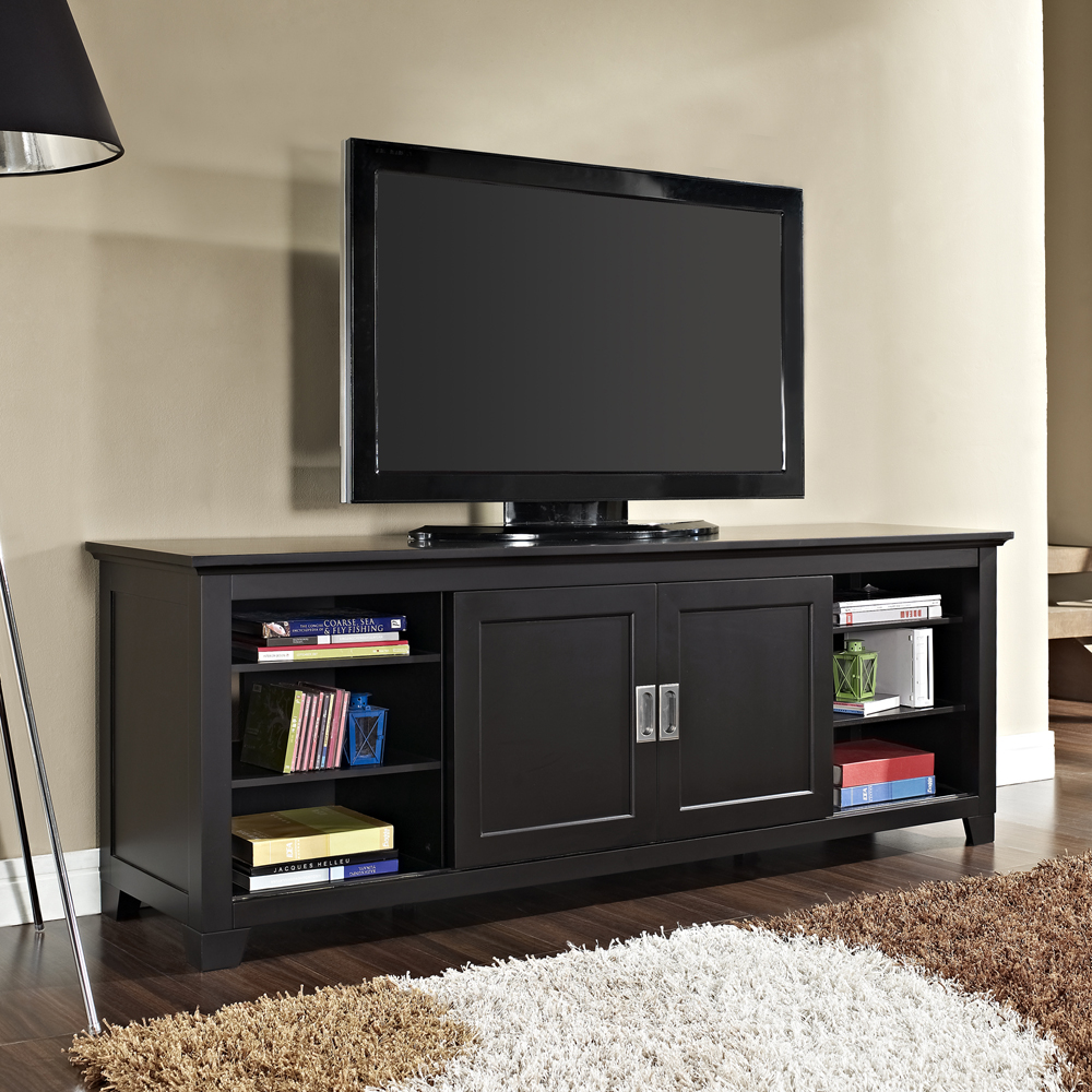 70 in. Black Wood TV Stand with Sliding Doors