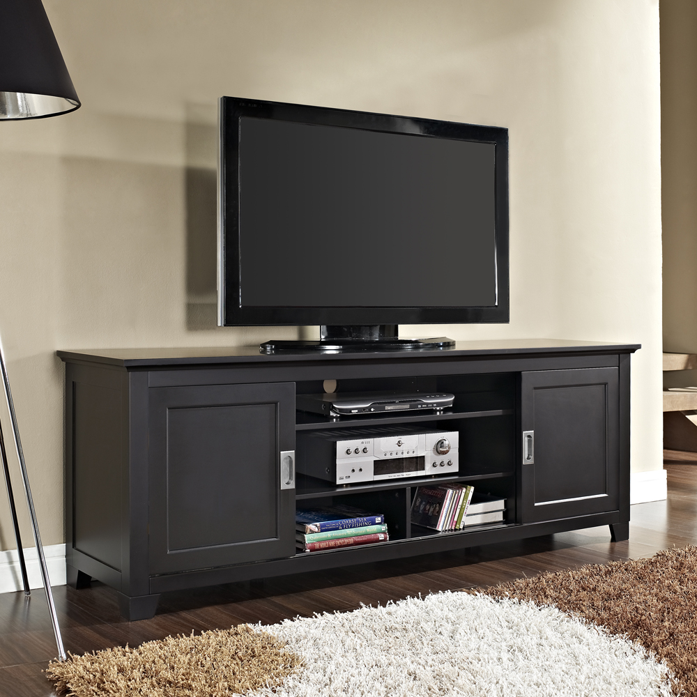 70 in. Black Wood TV Stand with Sliding Doors