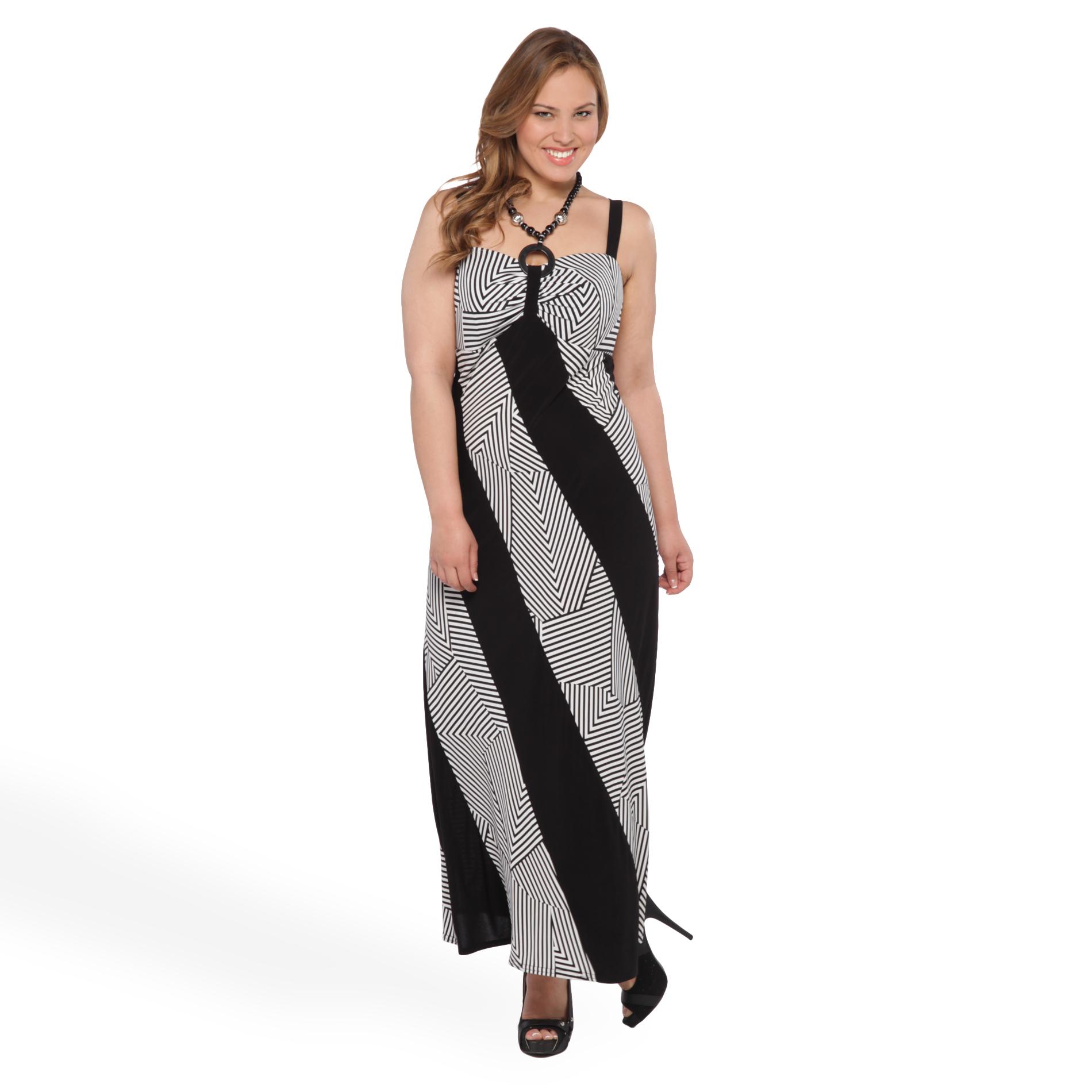 R & M Richards Women's Plus Maxi Halter Dress - Geometric Black/White 14