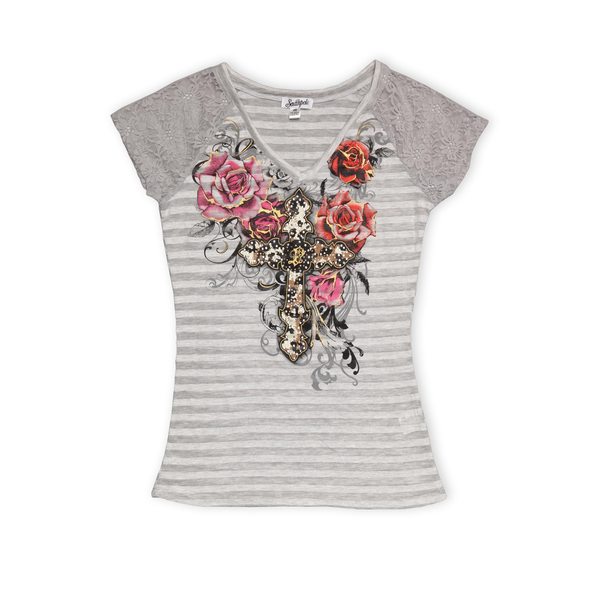 Southpole Junior's Graphic Lace Shoulder T-Shirt - Floral at Sears.com