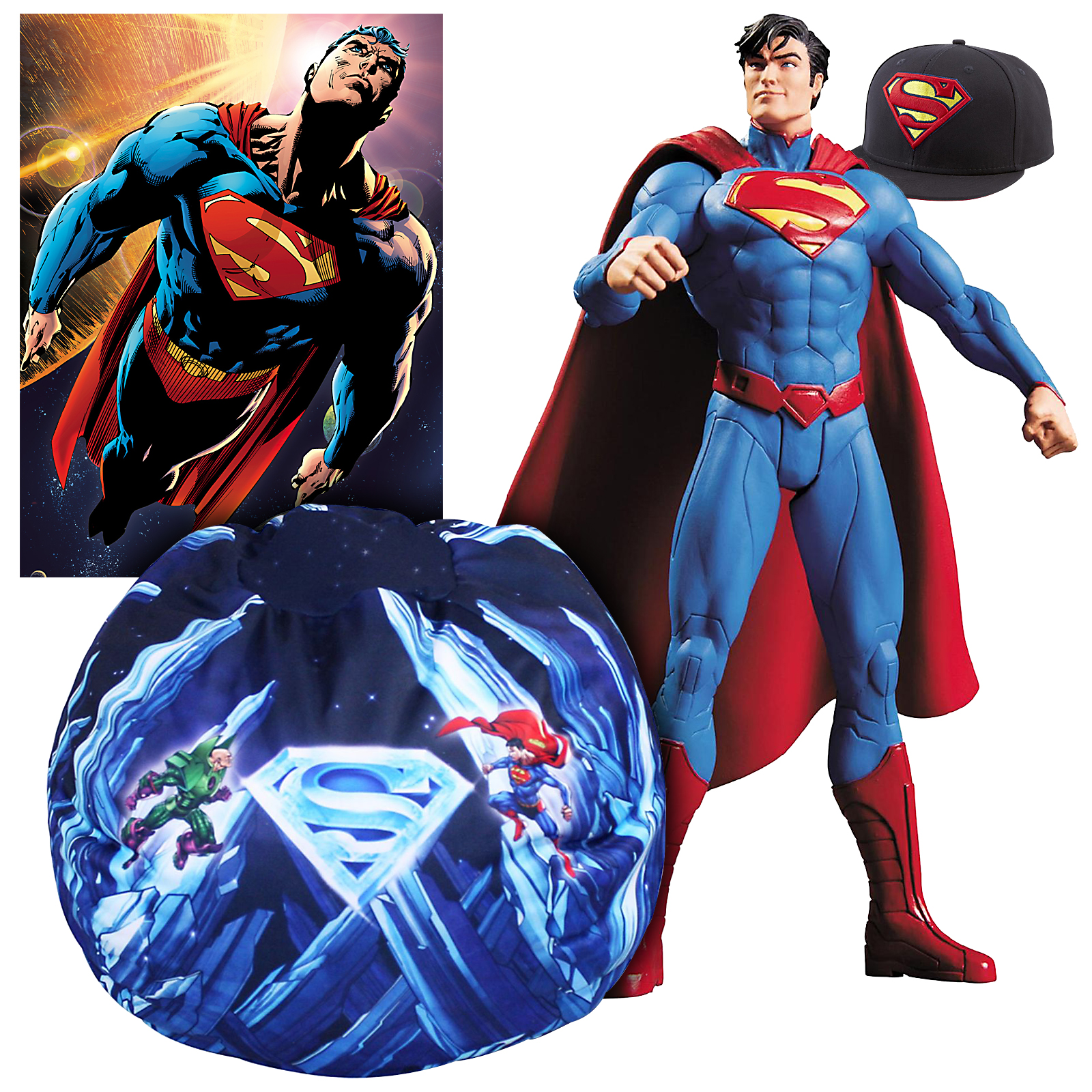 Superman Bean Bag, Action Figure, Wall Art and Cap Bu...
