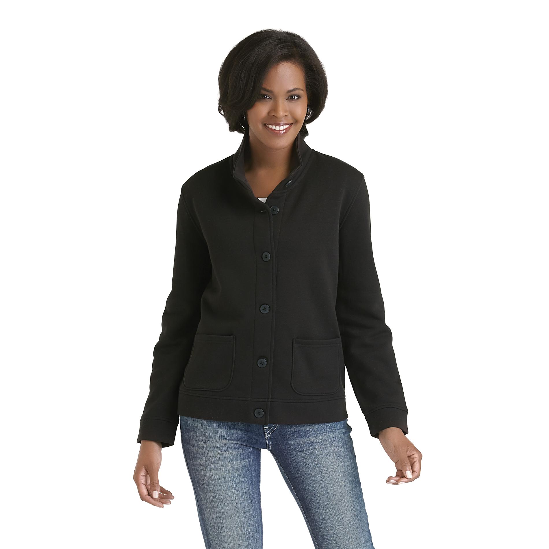 Laura Scott Women's Fleece Buttonfront Jacket Black Onyx 1...