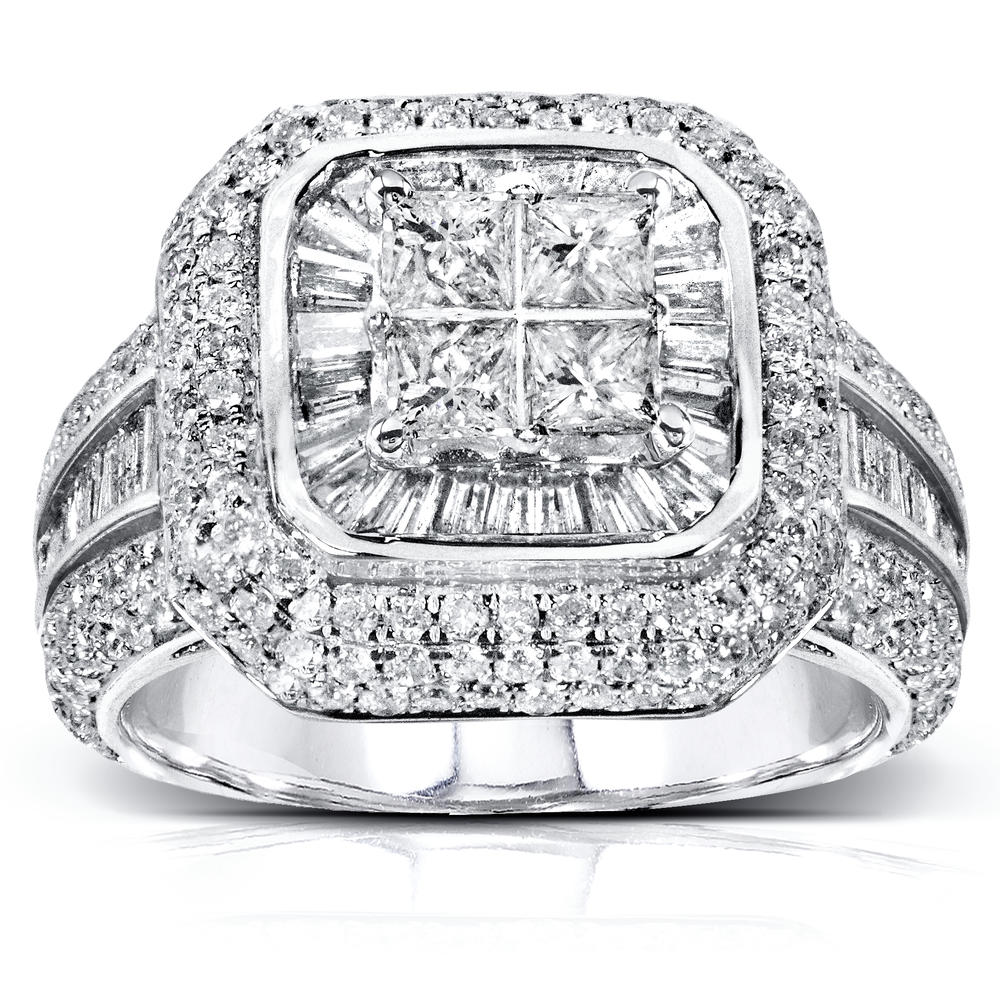 Princess Round and Baguette Cluster Diamond Engagement Ring 2 Carat (ct.tw) in 14k White Gold