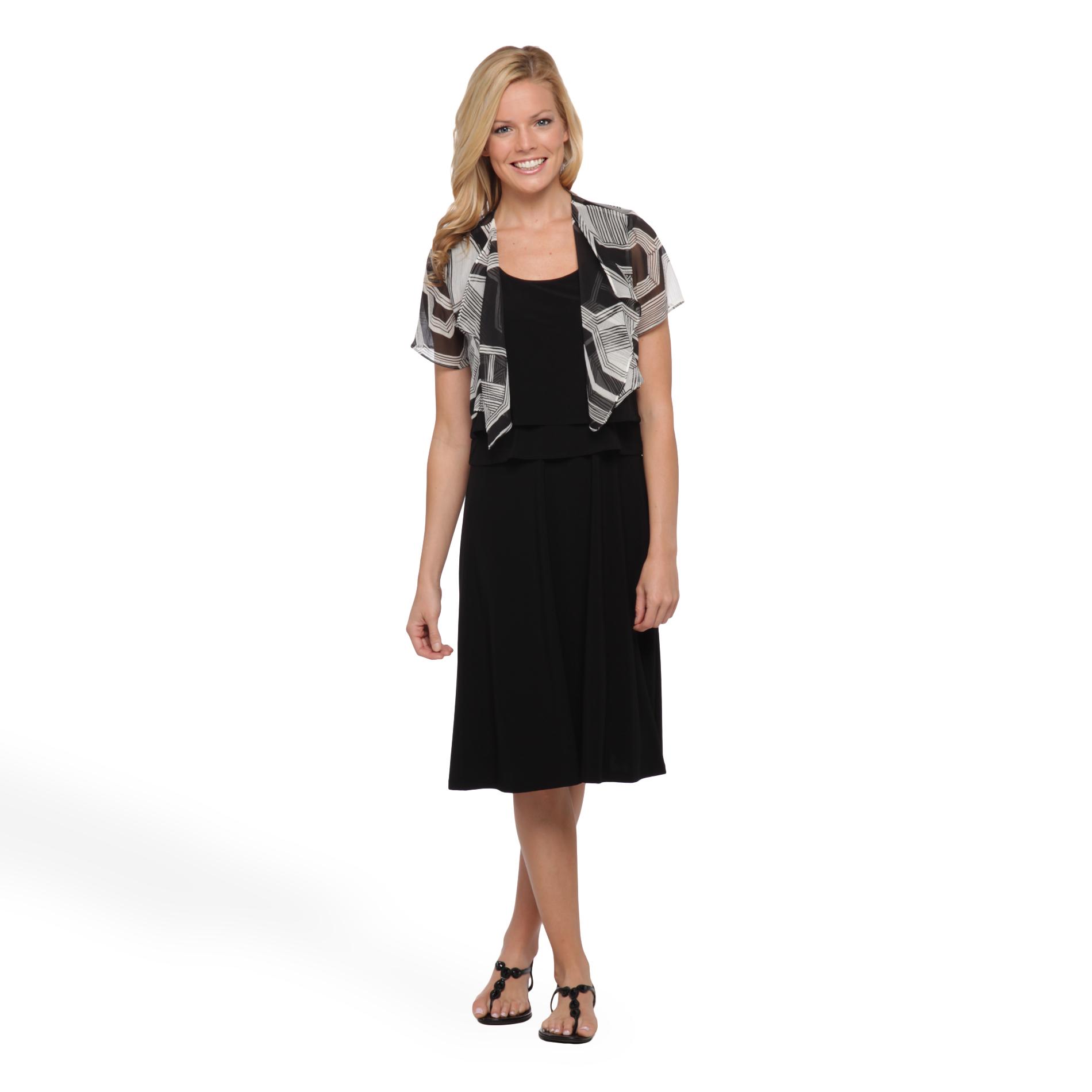 Darian Group Women's Layered Look Chiffon Jacket Dress Black/White;Black 8;10;12;14;16;18