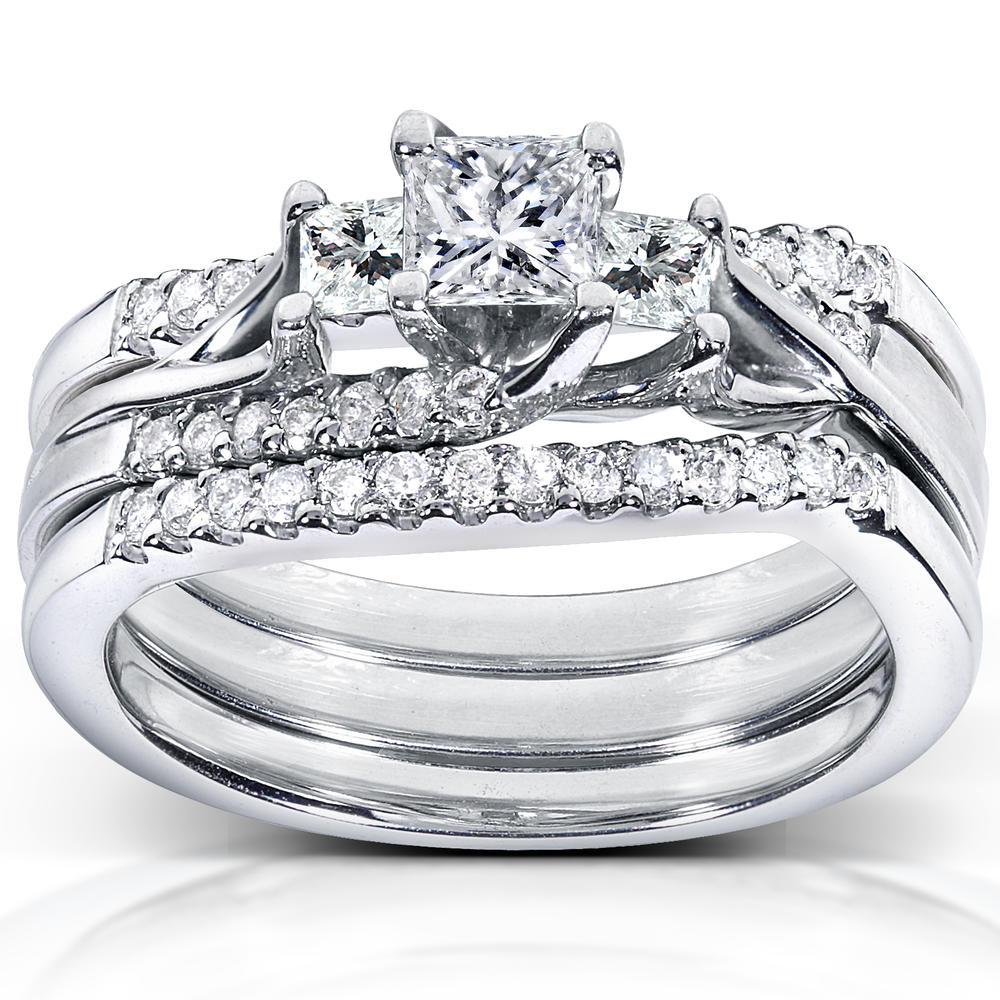 Diamond Engagement Ring and Wedding Band Set 7/8 carat (ct.tw) in 14k White Gold (3 Piece Set)