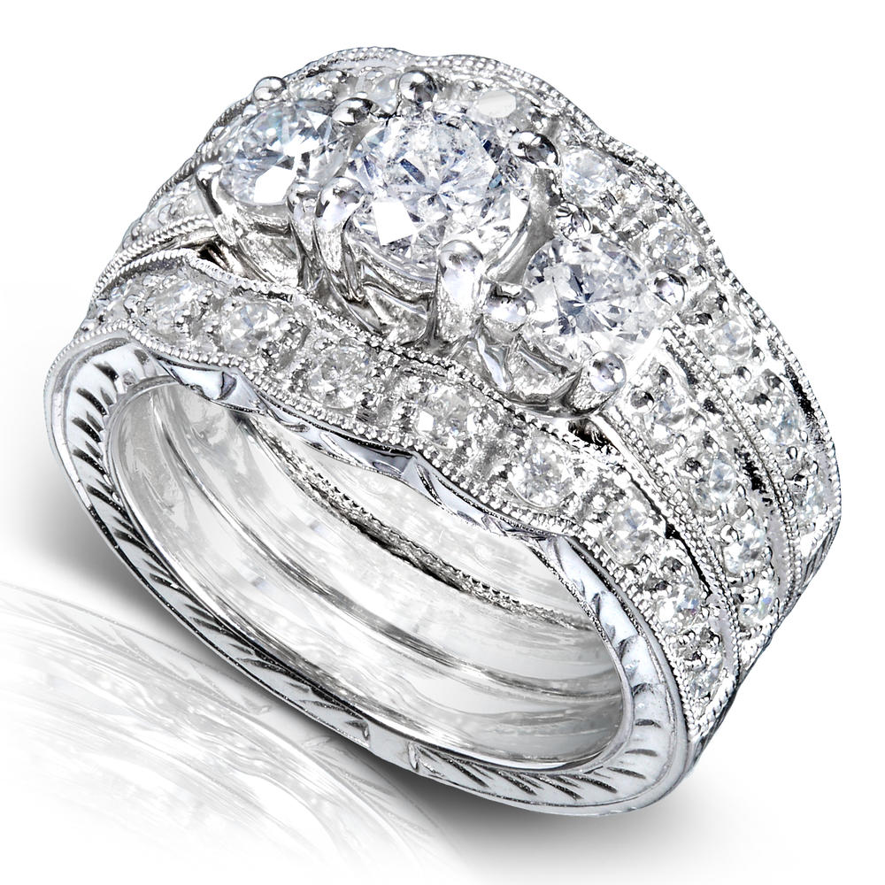 Three Stone Rouand Diamond Bridal Set 1 1/4 carat (ct.tw) in 14k White Gold (3 Piece Set)