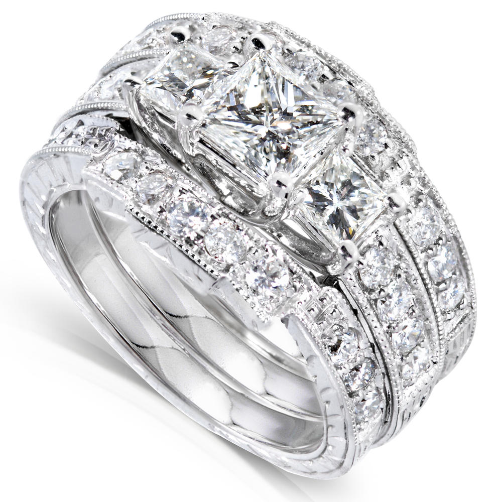 Princess Diamond Wedding Ring Set 1 7/8 carats (ct.tw) in 14K White Gold (Set of 3)