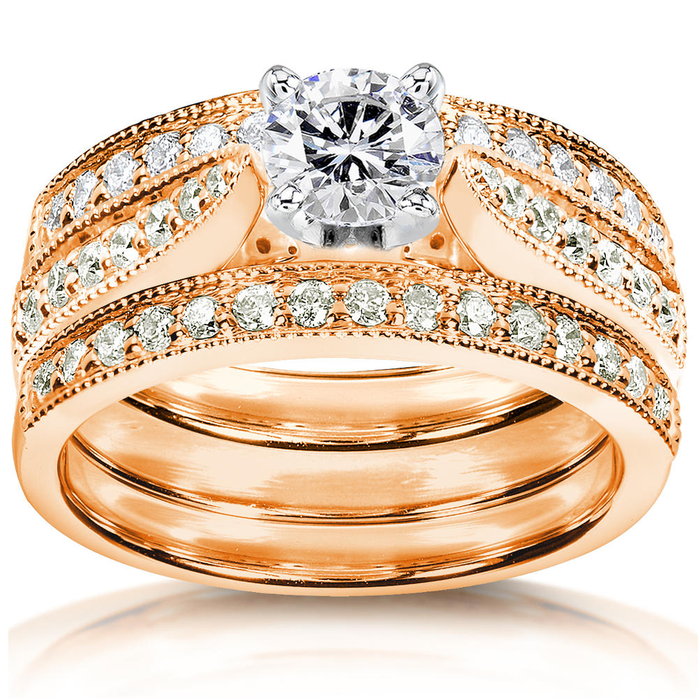Round-Brilliant Diamond Bridal Set 1 carat (ct.tw) in 14k Rose Gold (3 Piece Set)