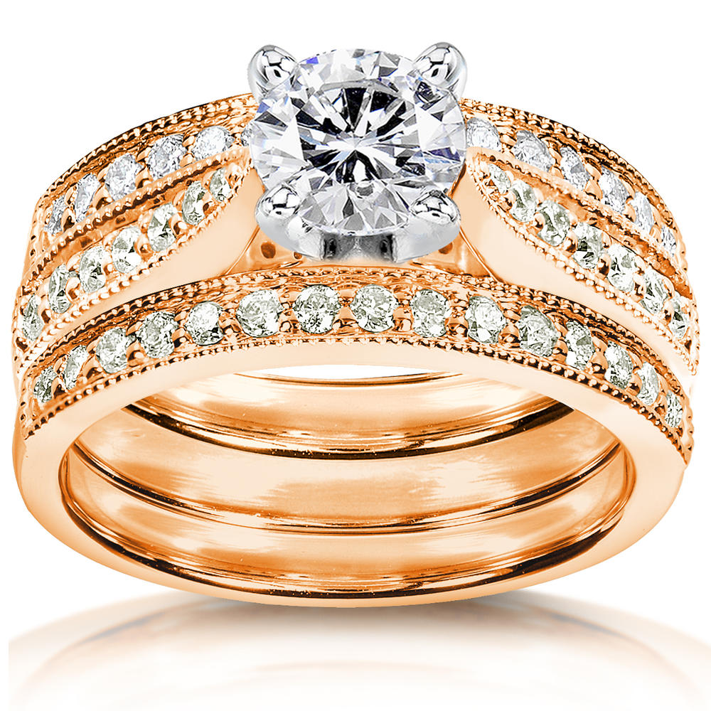 Round-Brilliant Diamond Bridal Set 1 1/2 carat (ct.tw) in 14k Rose Gold - 3 Piece Set