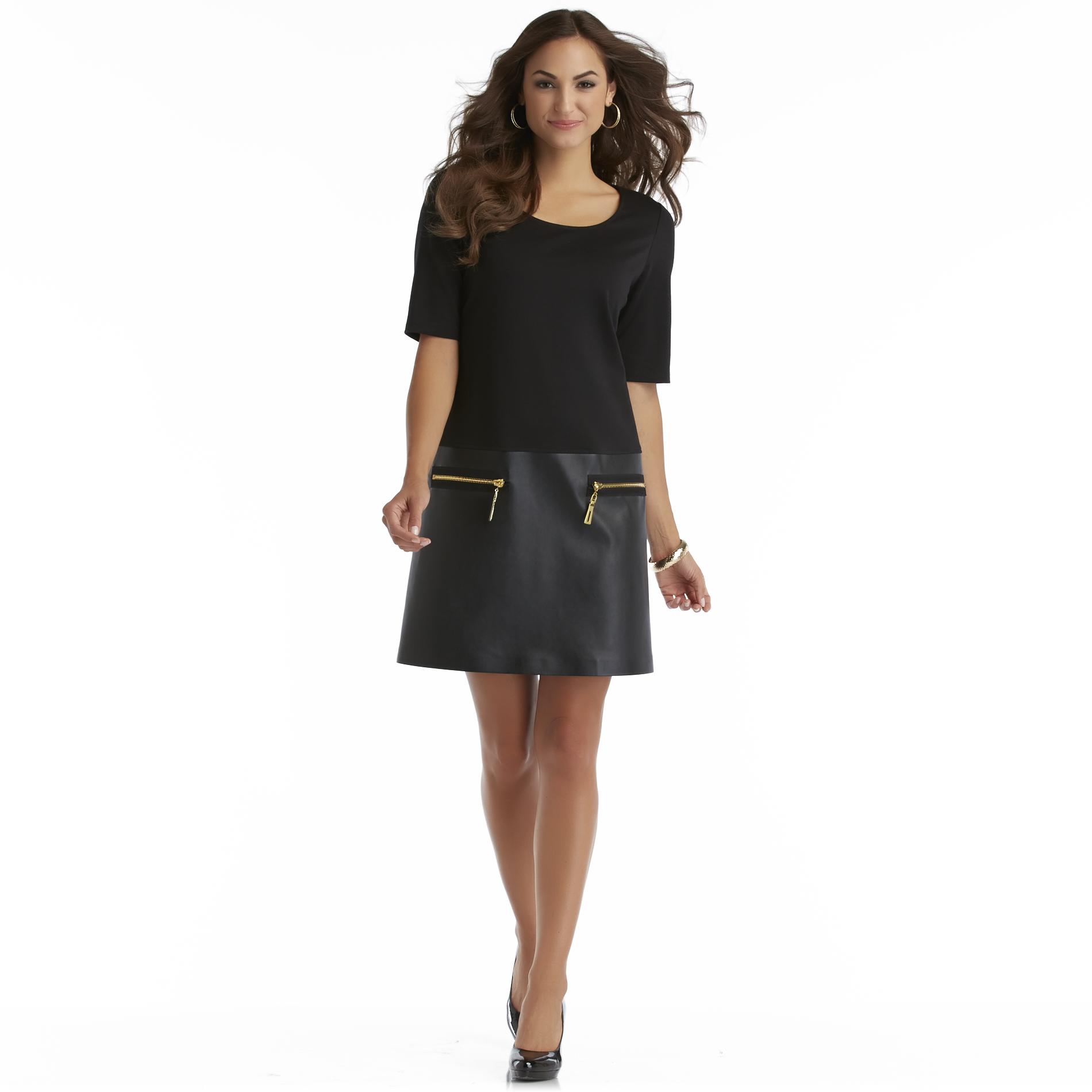 JBS Women's Knit & Faux Leather Dress - Exposed Zipper Black 8