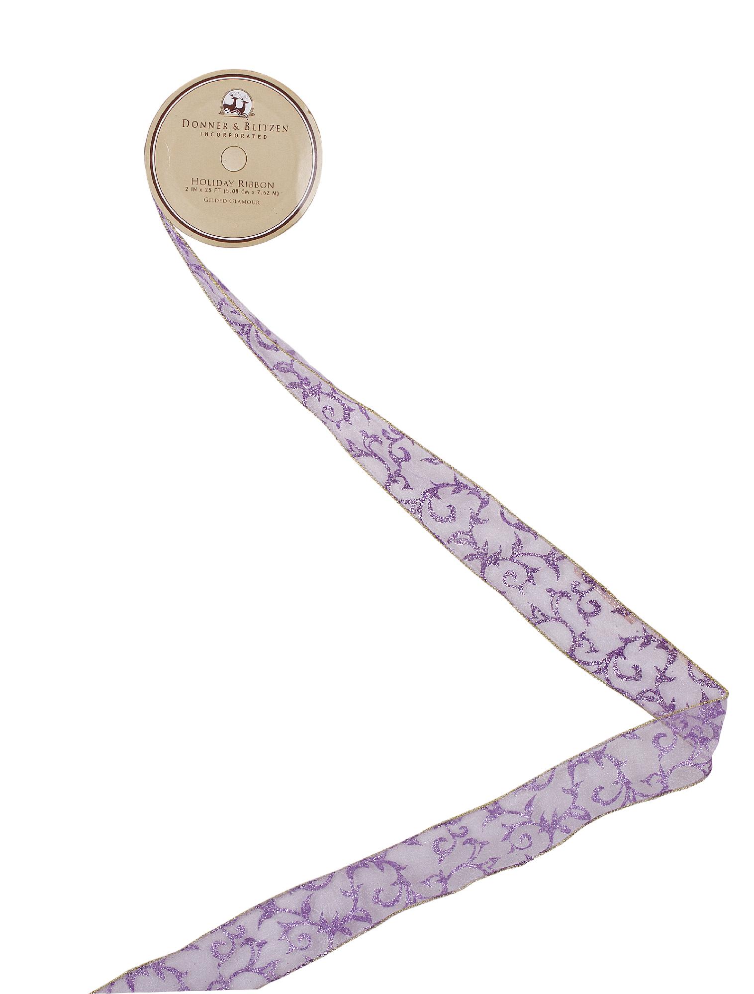Donner & Blitzen Incorporated Gilded Glamour 25 ft. Purple Sheer with Purple Glitter Acanthus Scroll Design Wired Ribbon