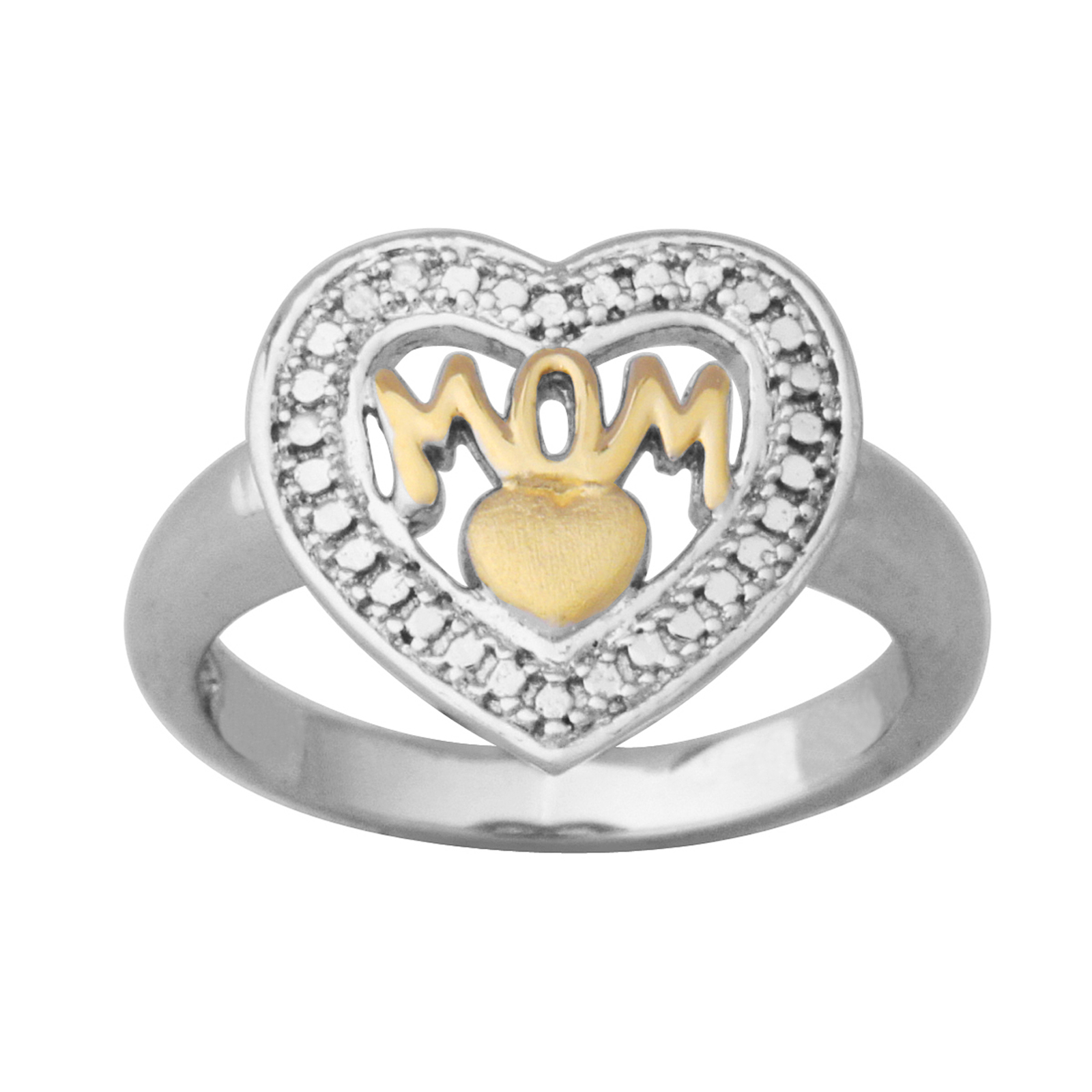 Rhodium Plated Brass Dia Accent Heart Mom Two Tone Ring Size 8