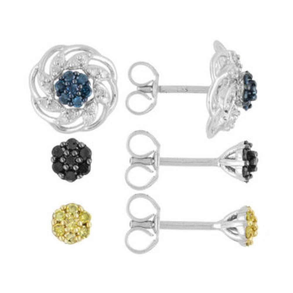 1 Carat Genuine Black  Blue and Yellow 3 Set Diamond and Clear Diamond Jackets in Sterling Silver