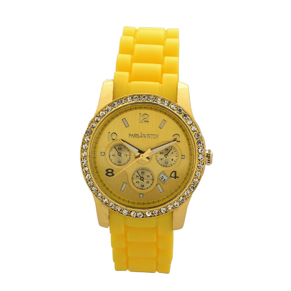 18K Gold Overlay 1Ct Diamond manmade Kids in Yellow Silicone Calendar Quartz Date Designed in France
