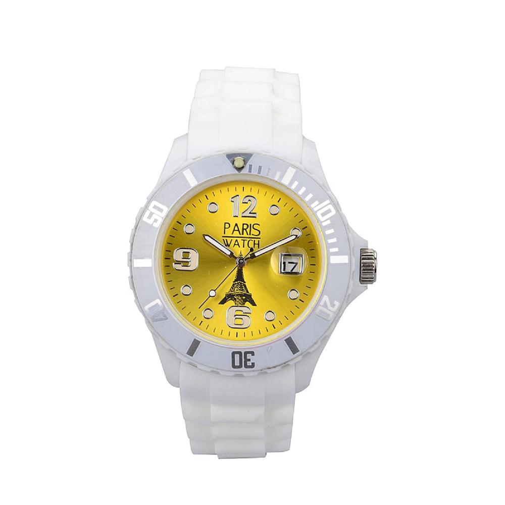 Men Silicone Quartz Calendar Date White and Yellow Dial Watch Designed in France Fashion