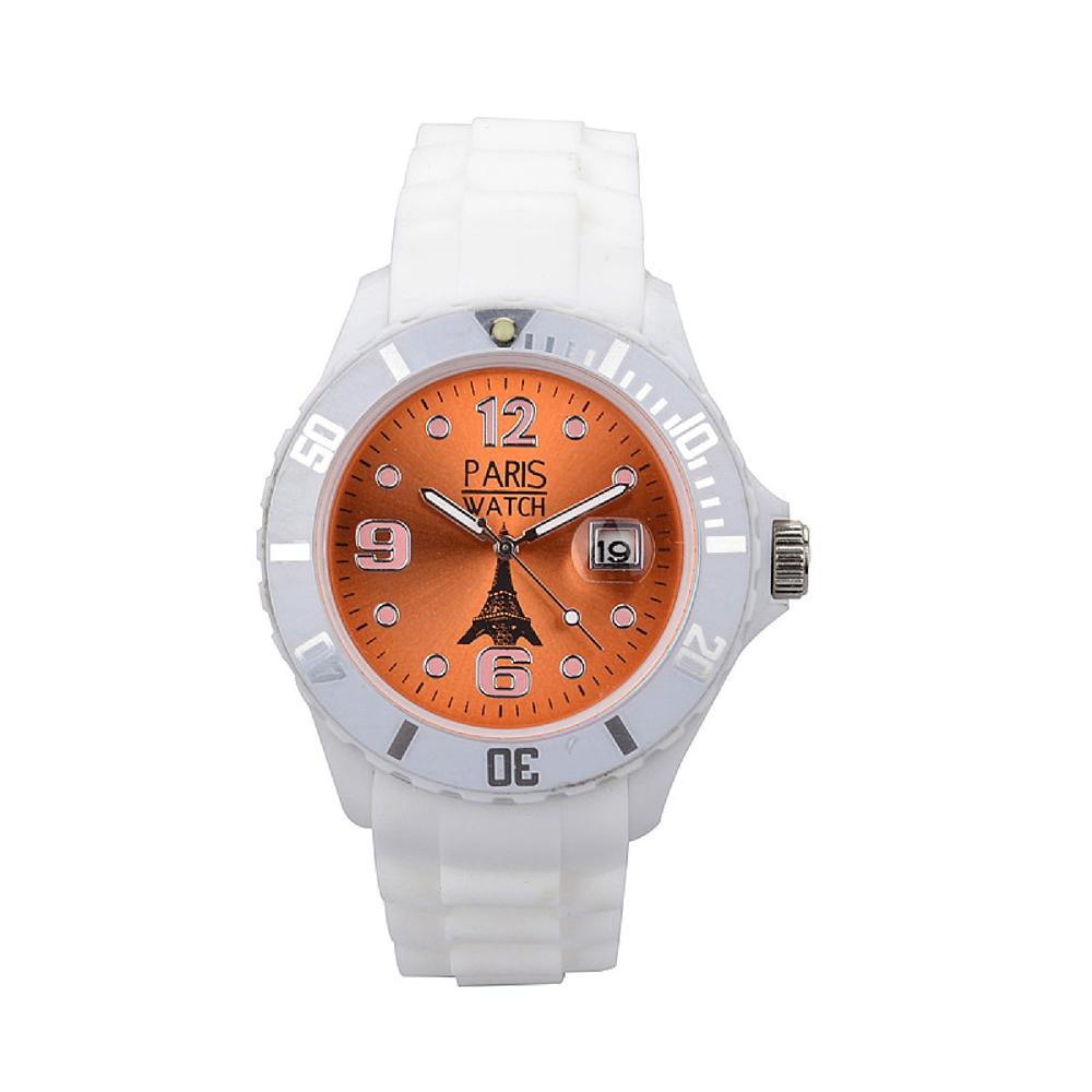 Men Silicone Quartz Calendar Date White and Orange Dial Watch Designed in France Fashion