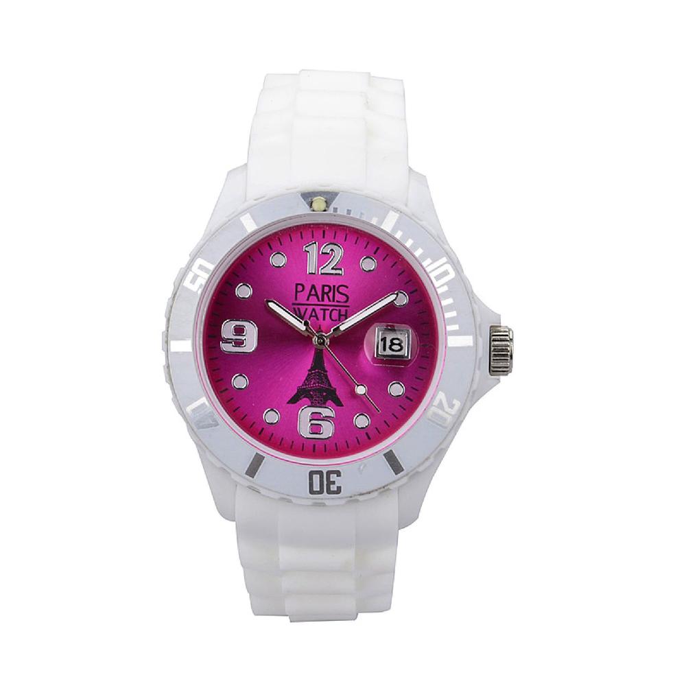 Men Silicone Quartz Calendar Date White and Pink Dial Watch Designed in France Fashion