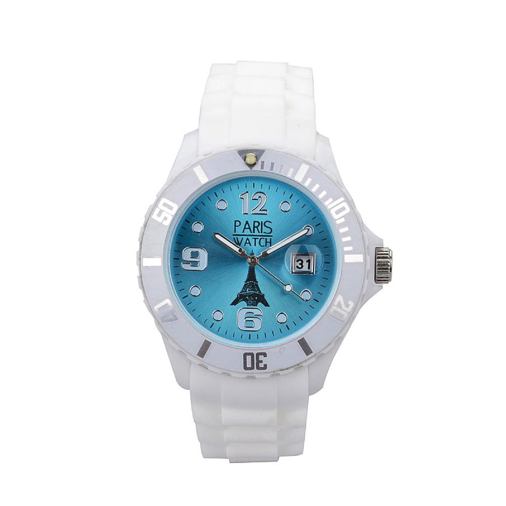 Men Silicone Quartz Calendar Date White and Light Blue Dial Watch Designed in France Fashion