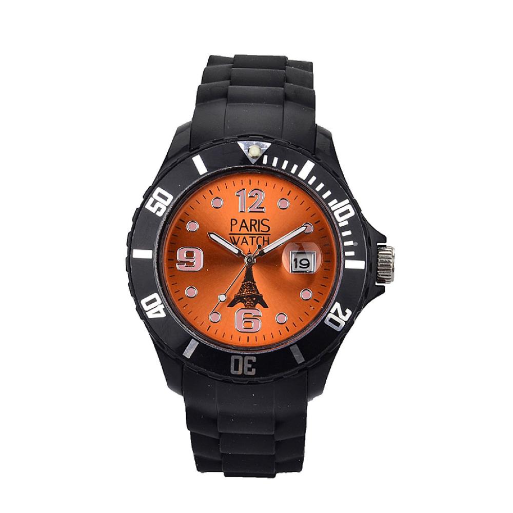 Men Silicone Quartz Calendar Date Black and Orange Dial Watch Designed in France Fashion