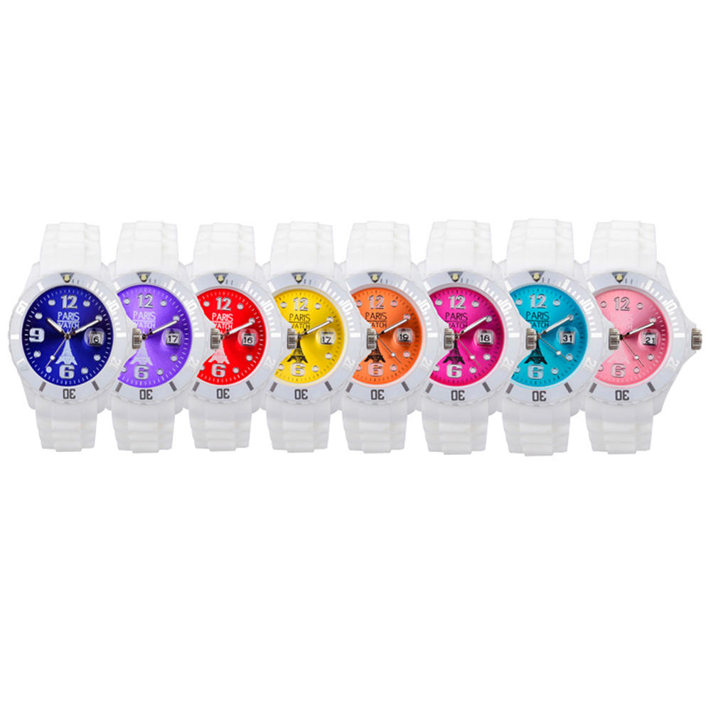 8 Colors Kids Special Collections White and Colorful Dial Wrist Watch in Silicone Quartz Calendar Date Designed in France