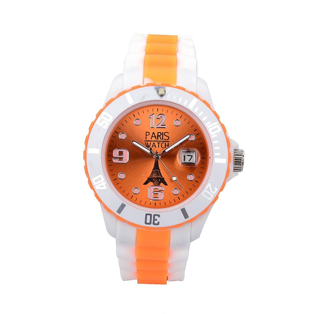 Men Silicone Quartz Calendar Date White and Multicolor Orange Dial Watch Designed in France Fashion