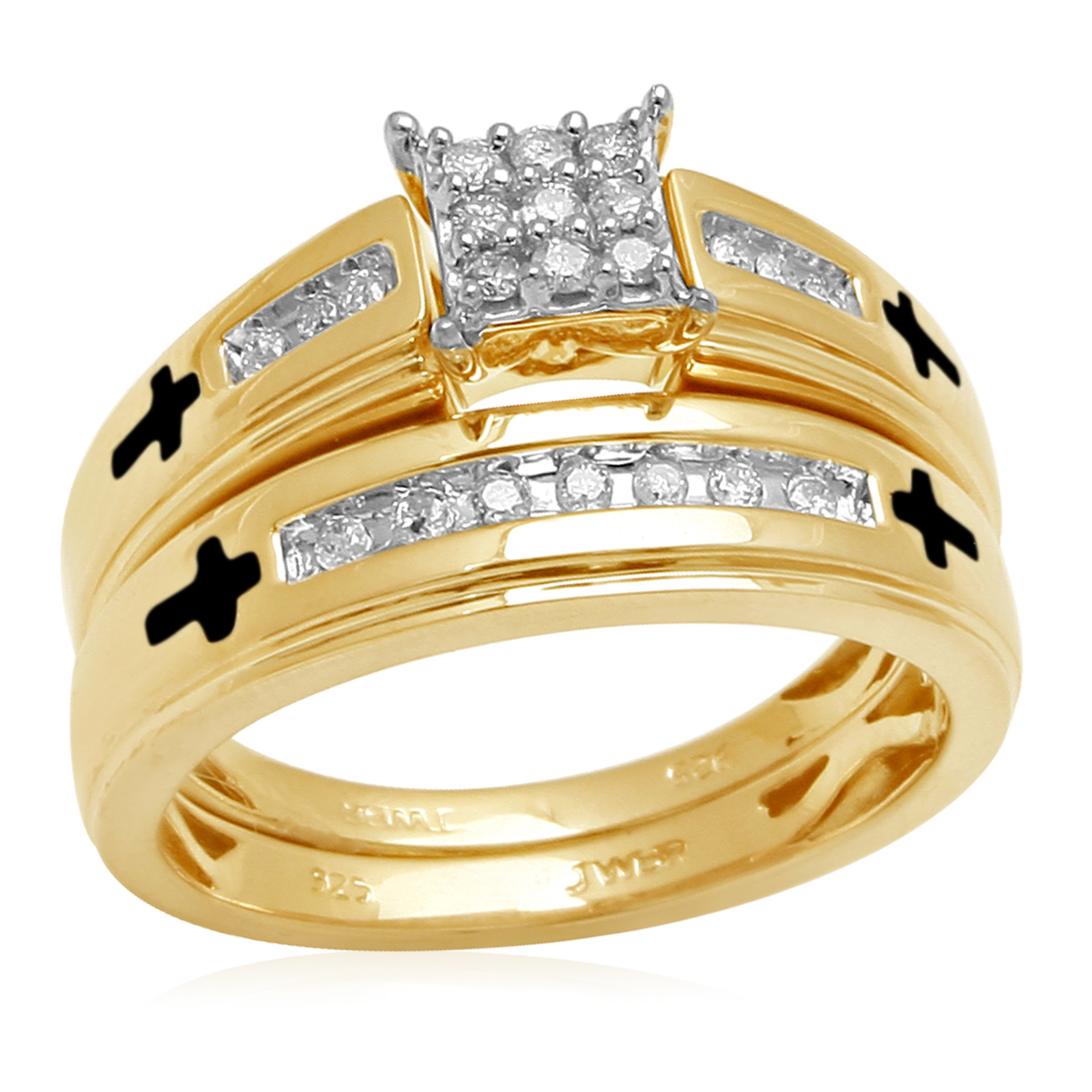 1/5ct Gold over Silver Enamel Cross Diamond Bridal Set