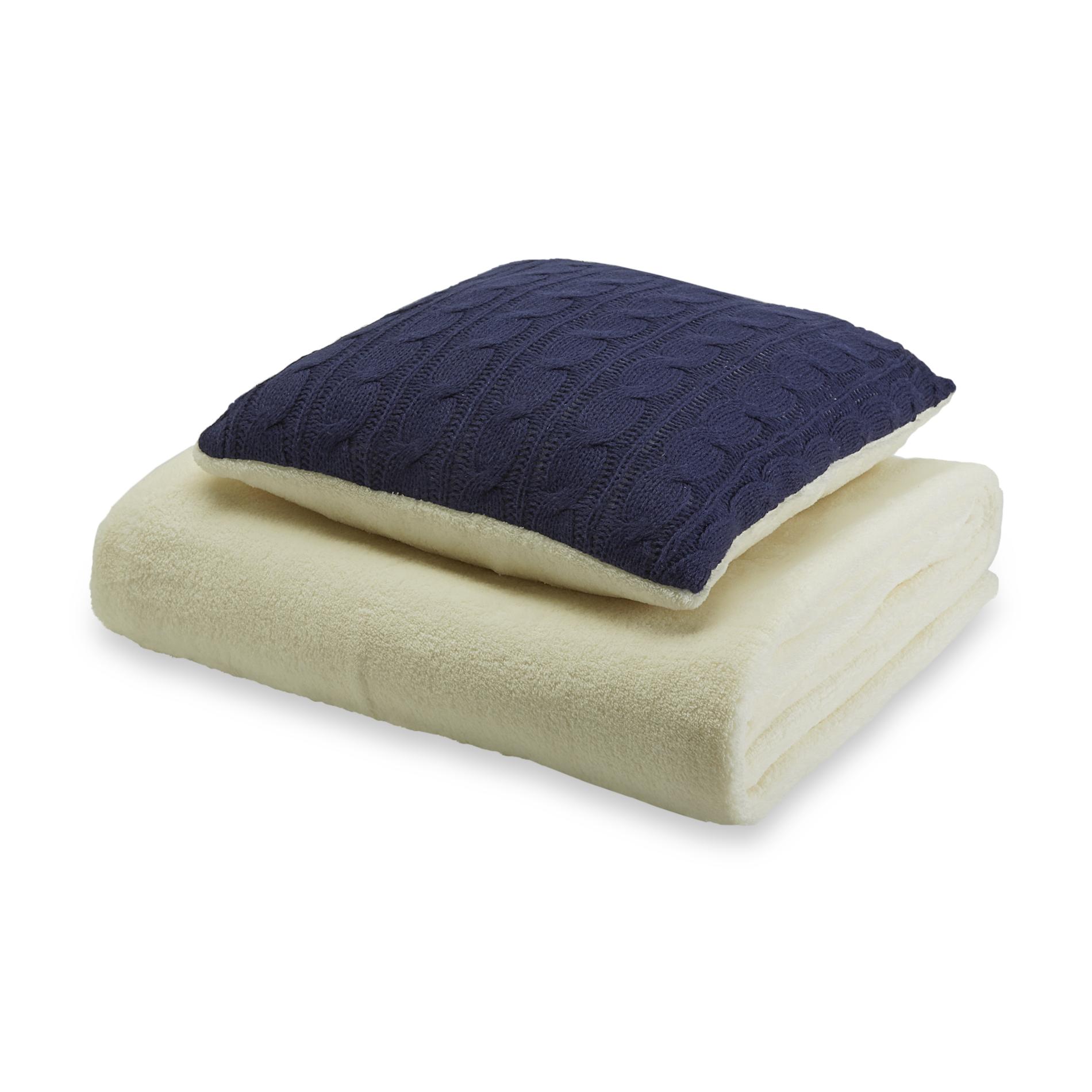 Cannon Navy Cable Knit Pillow and Plush Throw