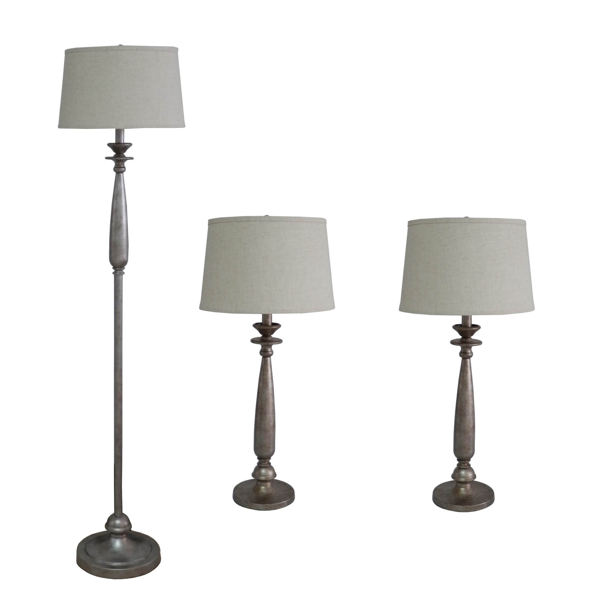 3 Piece Metal & Resin Lamp Set with Antique Silver Finish.
