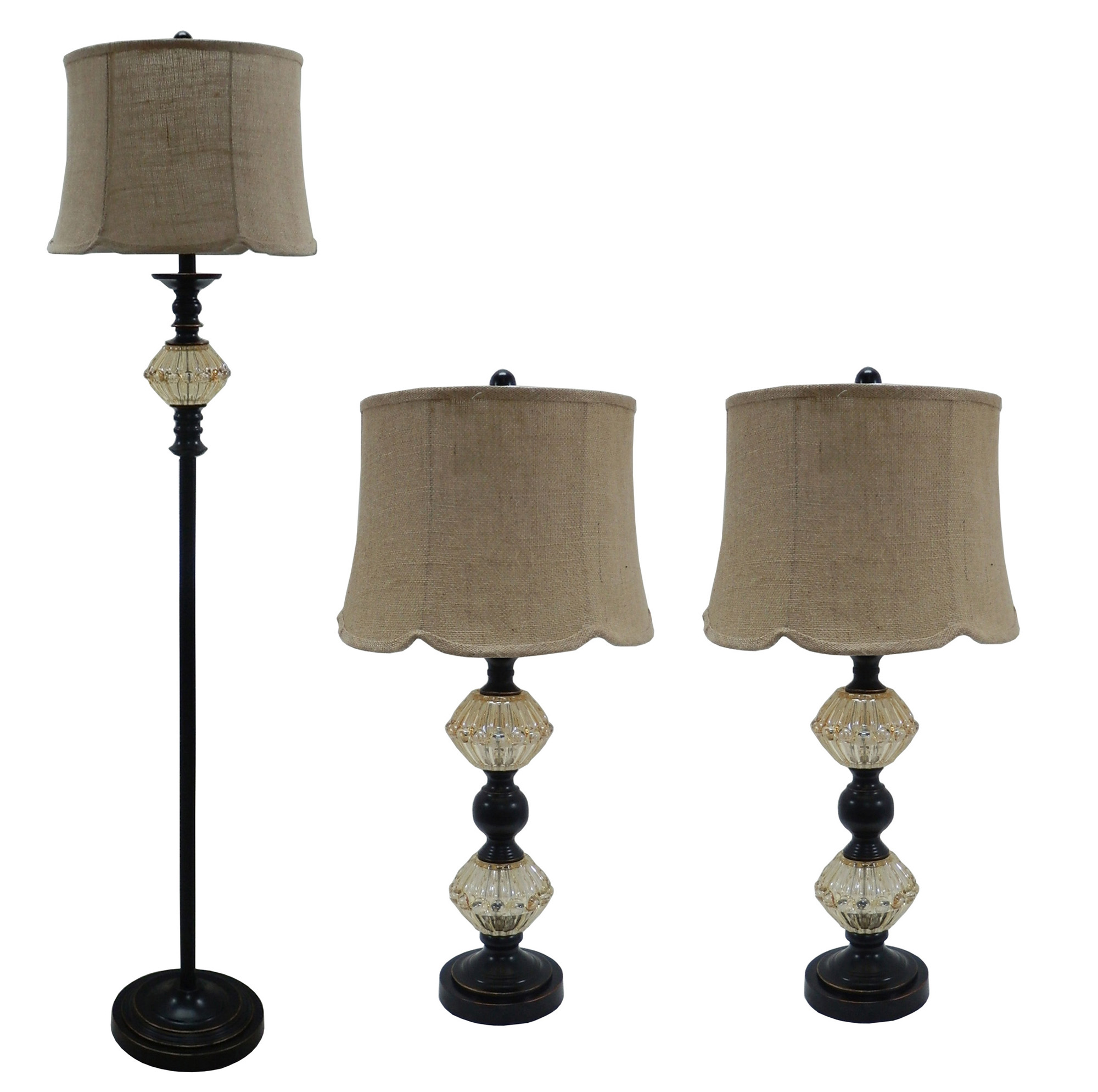 3 Piece Metal & Amber Glass Lamp Set with Bronze Finish.