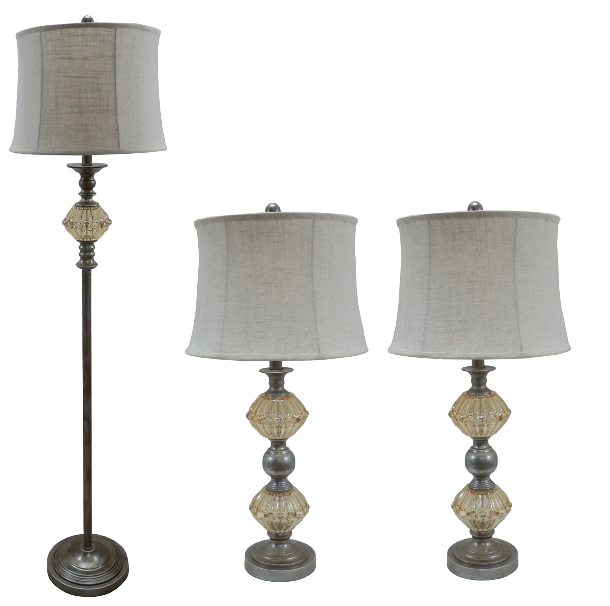 3 Piece Metal & Amber Glass Lamp Set with Antique Silver Finish.
