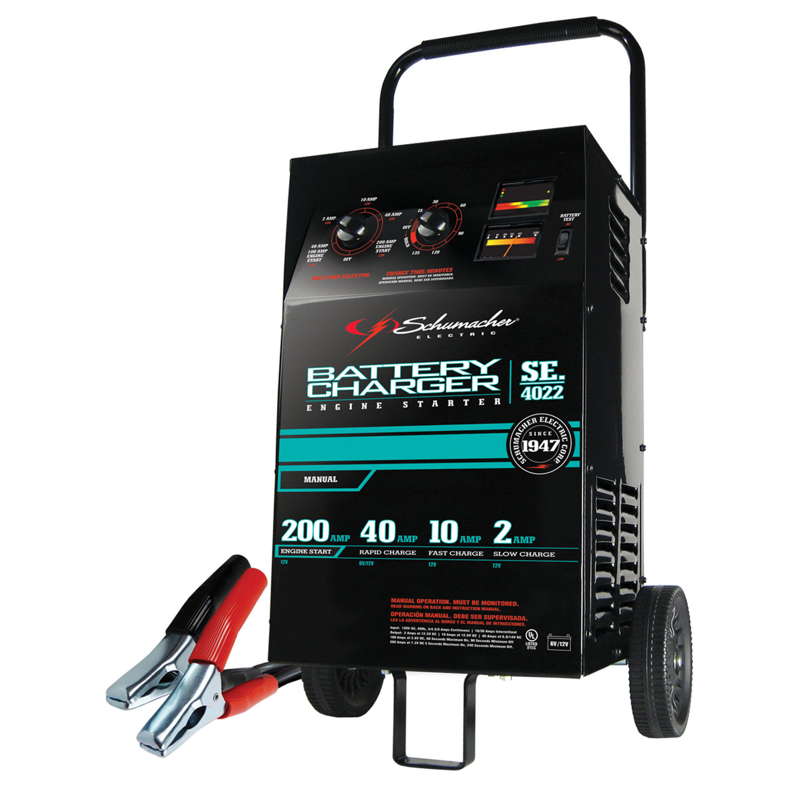 200-Amp 6/12V Manual Wheeled Battery Charger/Starter with Tester