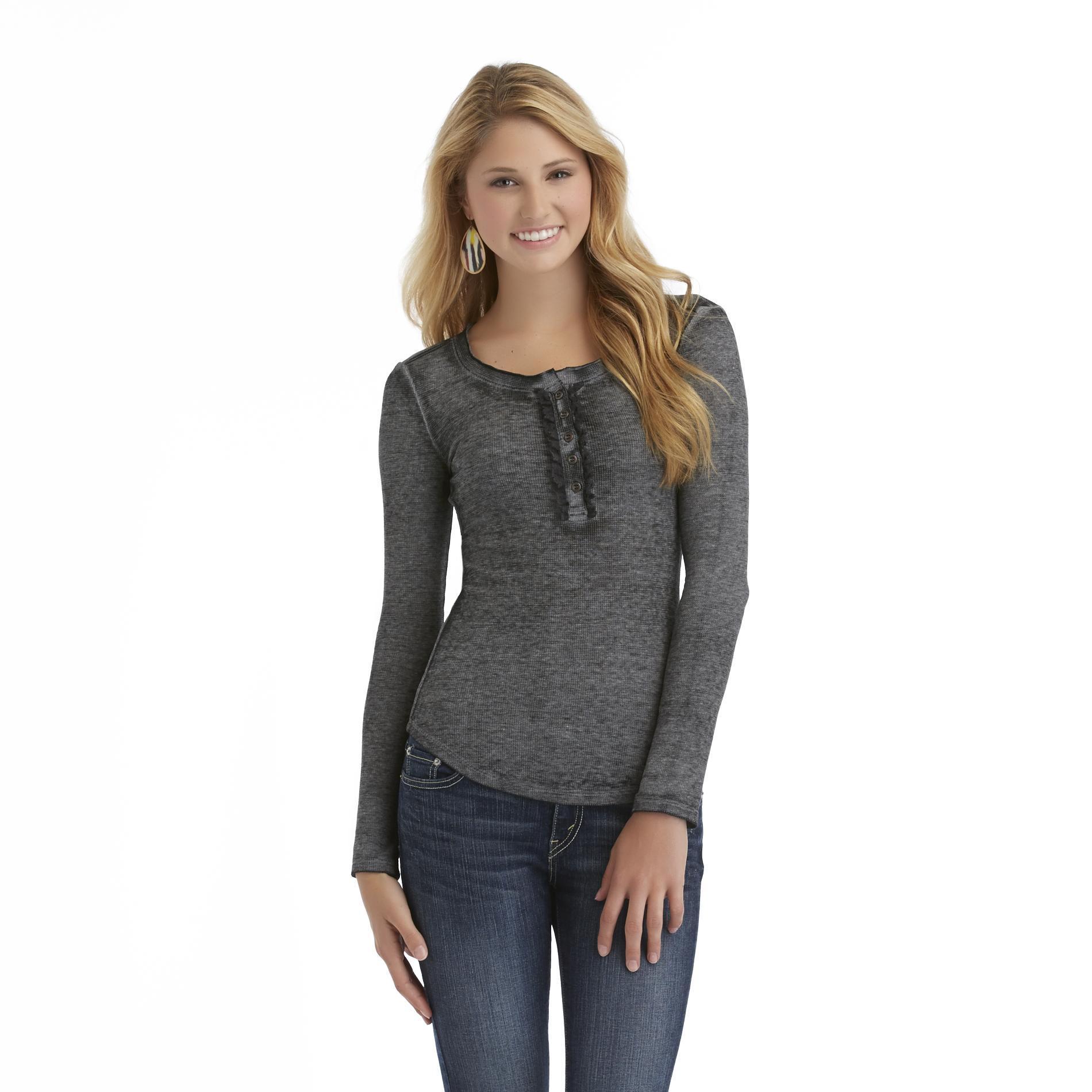 Junior's Long-Sleeve Henley Top - Lace Trim