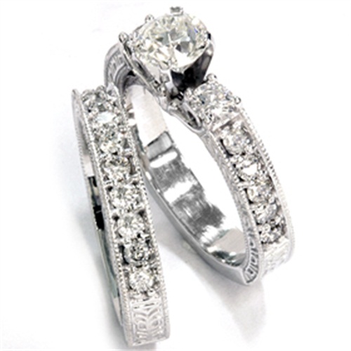 1.50 cttw 14k White Gold Vintage Diamond Engagement Wedding Ring Set
