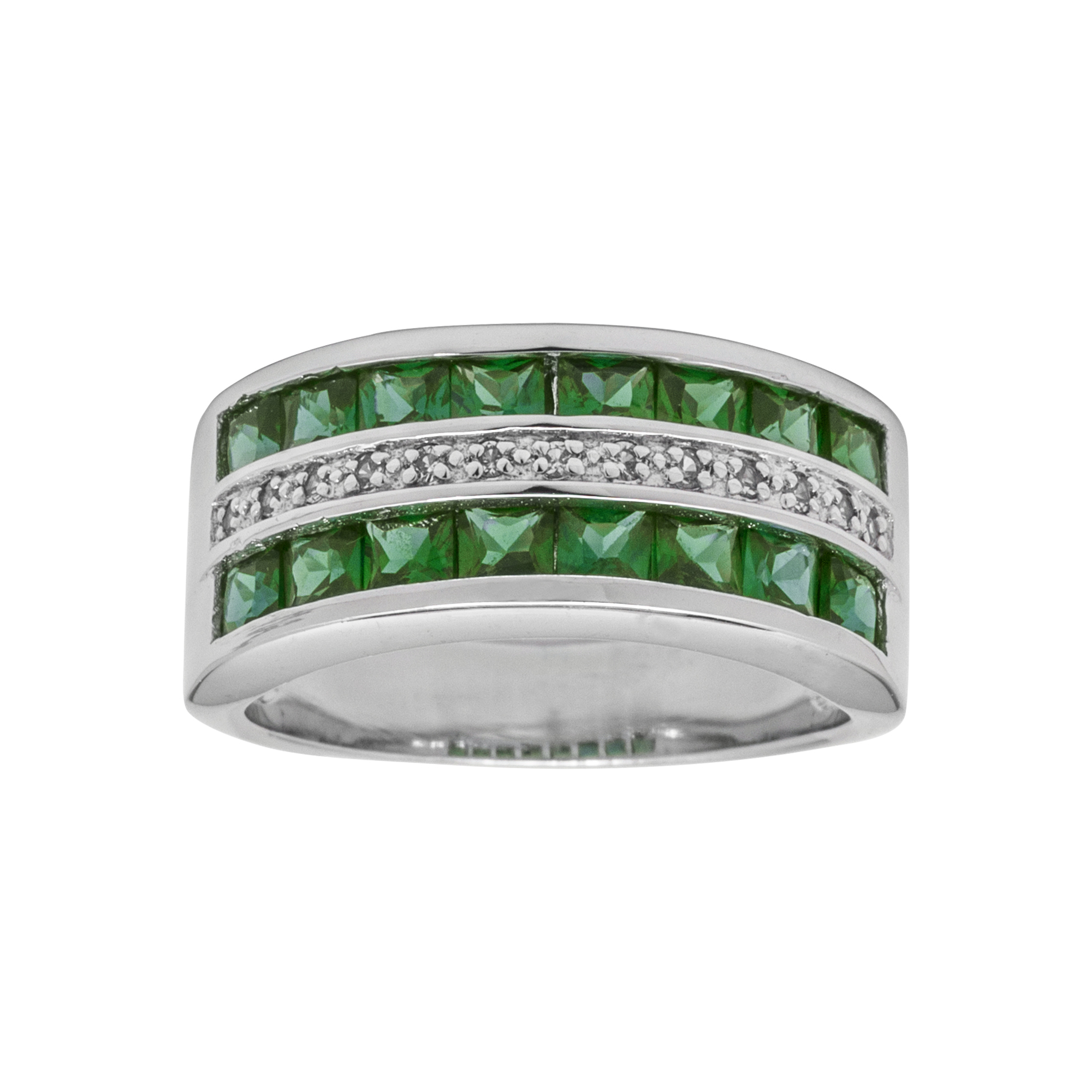 Simulated Emerald 3-Row Band Sterling Silver