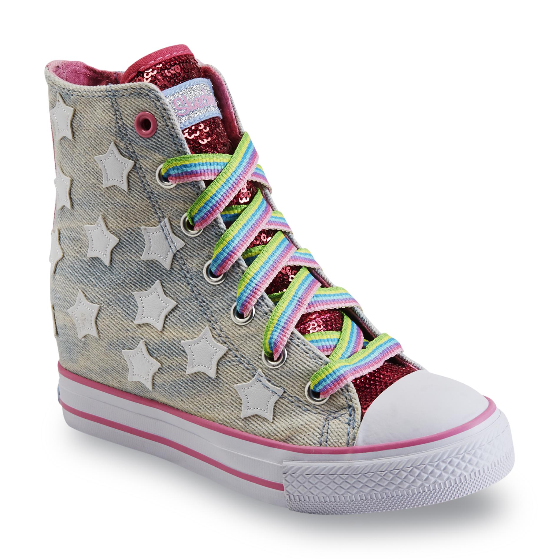 Skechers Girl's Starry Skies Pink/Denim/White High-Top Hidden Wedge Sneaker