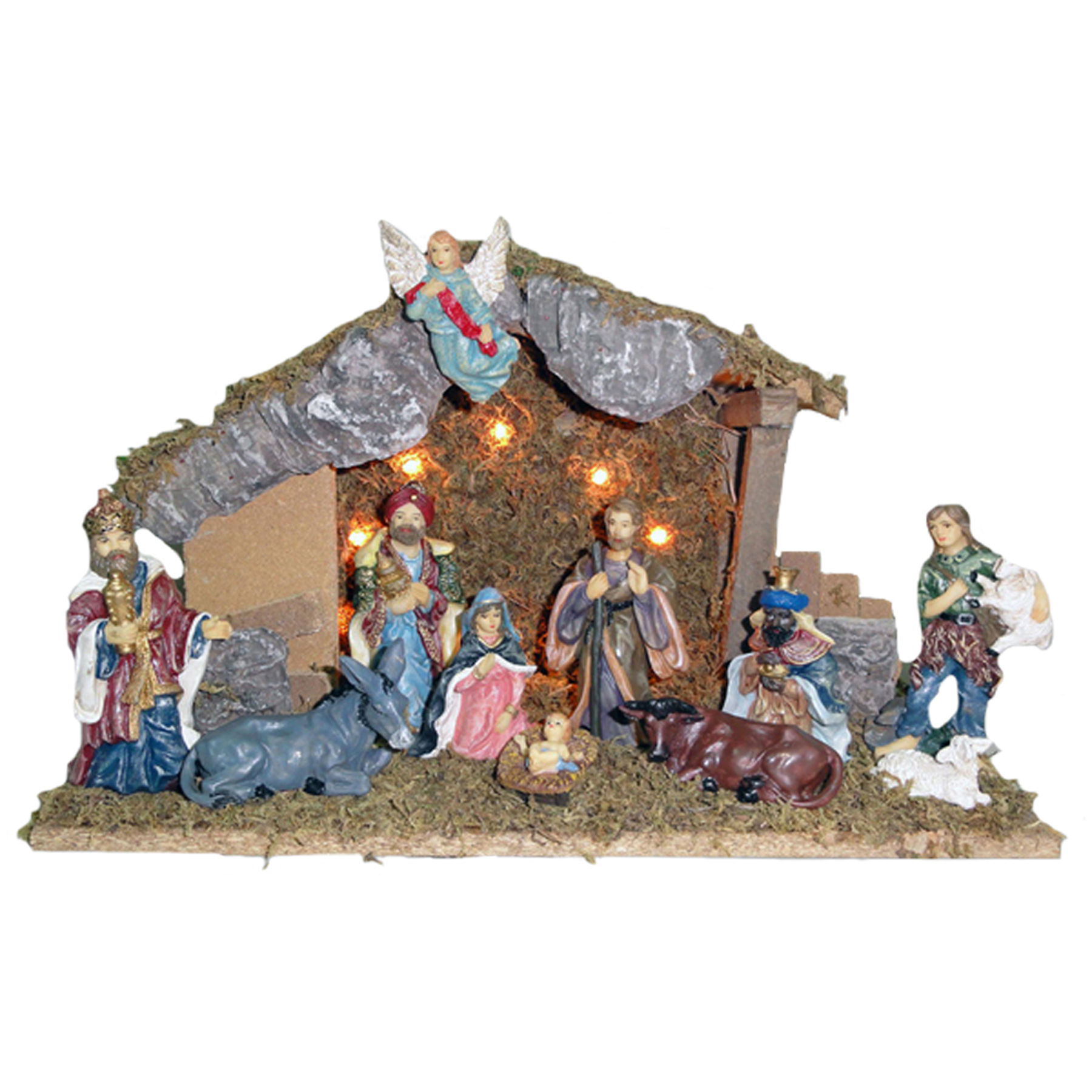 Kurt Adler 15.35" Lighted Wooden Stable with 11 Resin Figures Nativity Set Christmas Decoration