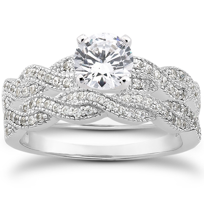 Real .70 cttw Pave Diamond Matching Engagement Wedding Ring Set Vintage Milgrain