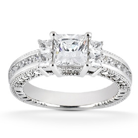 1.00 cttw Vintage Heirloom Princess Cut Diamond Ring 14K White Gold