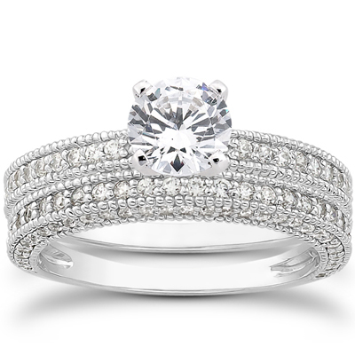 1.10 cttw Heirloom Milgained Diamond Engagement Wedding Ring Set 14K White Gold