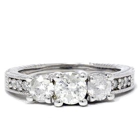 1.00 cttw Vintage Diamond Three Stone Ring 14K White Gold