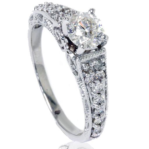 .60 cttw Vintage Filigree Diamond Engagement Ring 14K White Gold